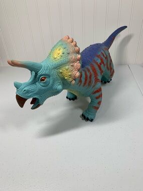 Vibrant Blue & Purple Triceratops Toy Figure with Orange Accents 21” Long